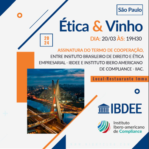 No dia 20 de Março às 19h30, teremos o evento Ética e Vinho SP.

Uma excelente oportunidade para os associados e convidados se encontrarem, confraternizarem, trocarem experiências e buscarem novas parcerias e novos negócios.